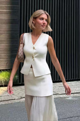 Button Front Two Piece Knit Vest Skirt Set