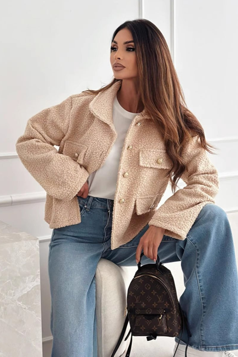 Lapel Button Sherpa Long Sleeve Coat coats