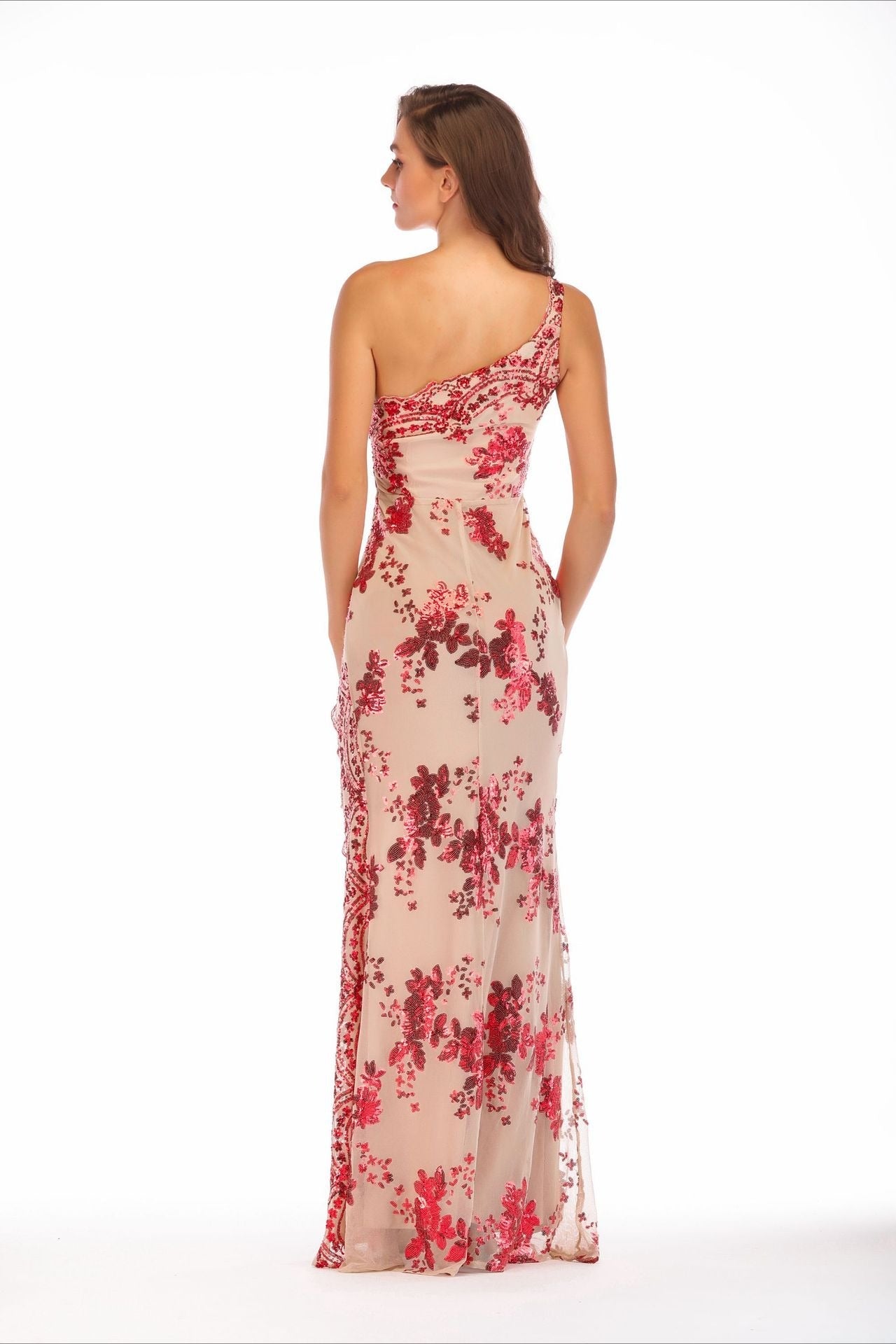 Sequin Backless Asymmetric Formal Dress S / Red