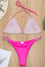 Contrast Rhinestone Halter Triangle Bikini Set