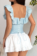Off Shoulder Ruffle Buttoned Cinched Crop Top