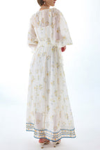 Embroidered Puff Sleeve Tie Boho Dress