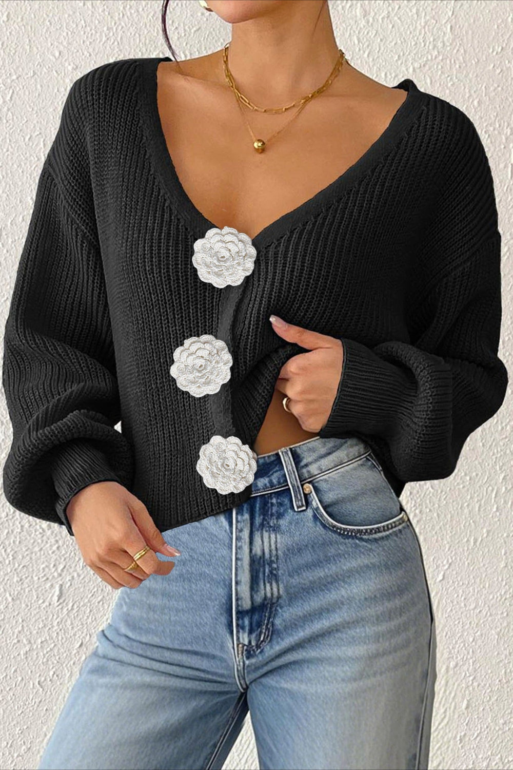 Button Front Crochet Knit Crop Sweater
