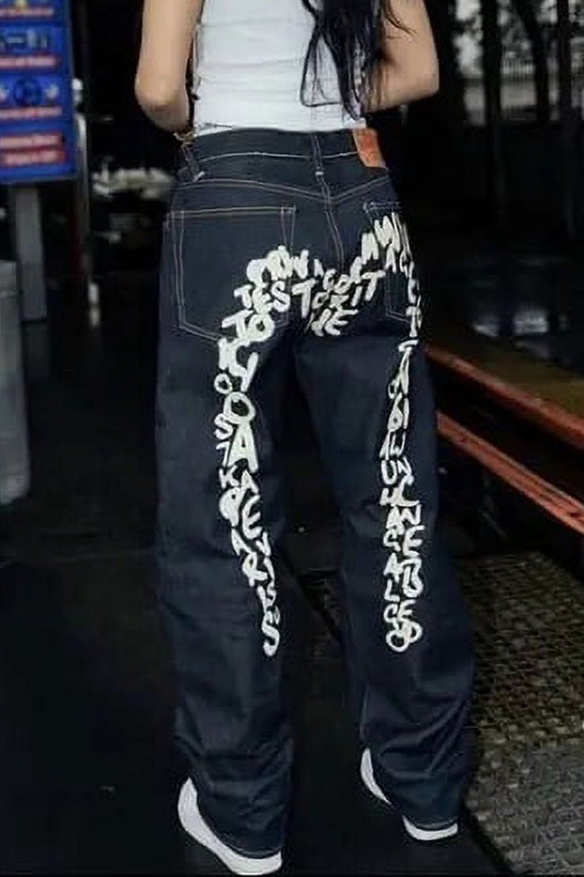 Vintage Letter Printed Loose Straight Leg Hip Hop Casual Jeans Main image