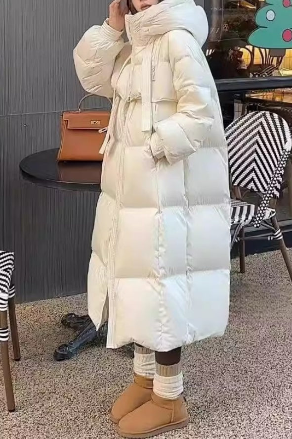 Trendy Long Hooded Puffer Jacket M / White