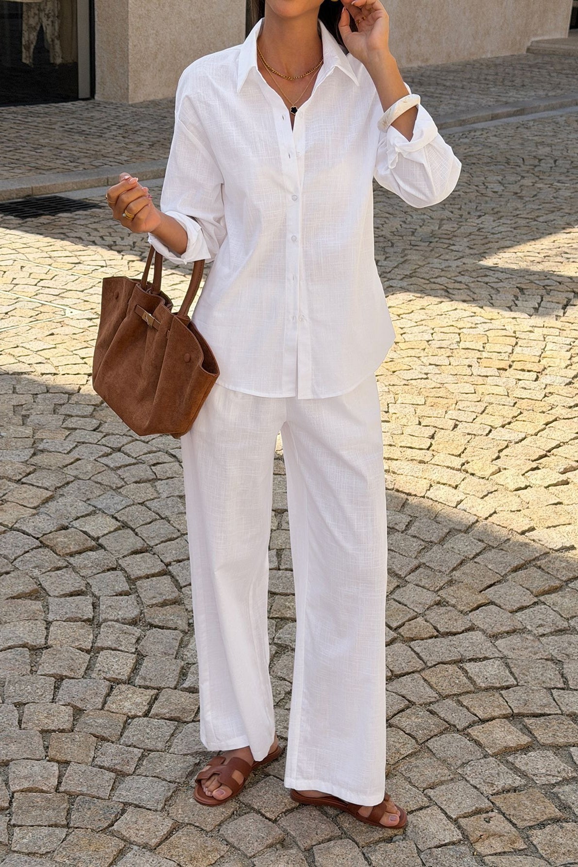 Casual Solid Long Sleeve Shirt Pants Set