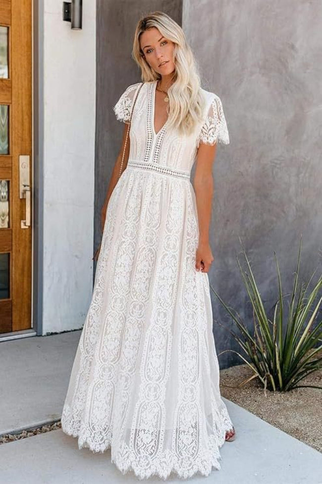 Lace V Neck Short Sleeve Hollow Out Boho Dress Main image