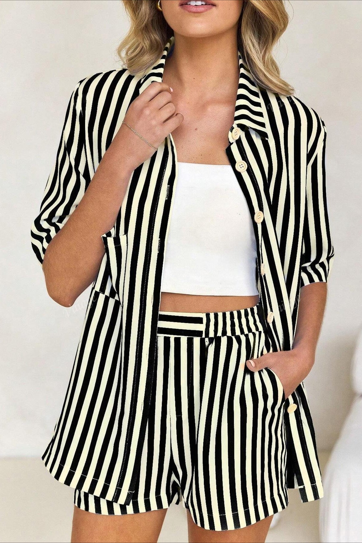 Button Down Striped Short Sleeve Blouse Shorts Set Main image