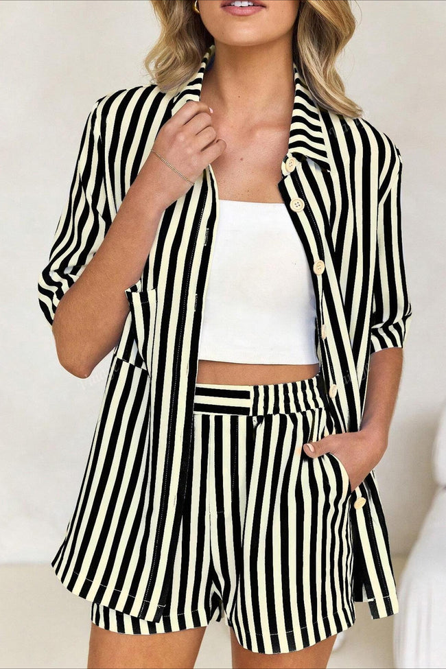 Button Down Striped Short Sleeve Blouse Shorts Set Main image