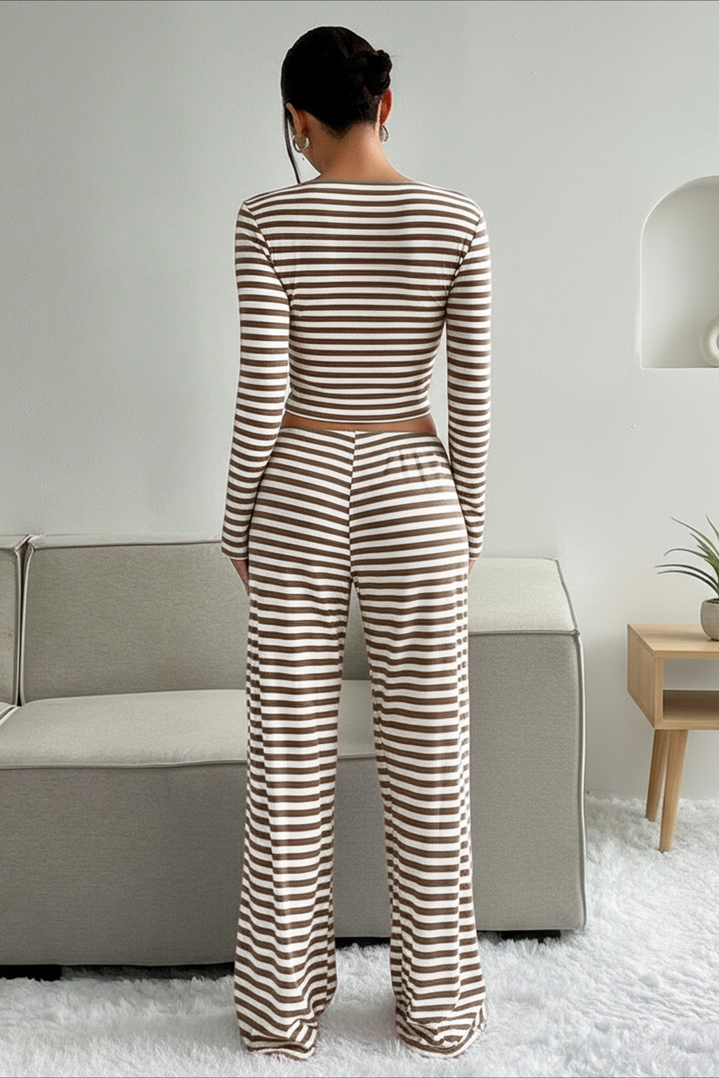 Casual Two Tone Stripe Two Piece Pants Set