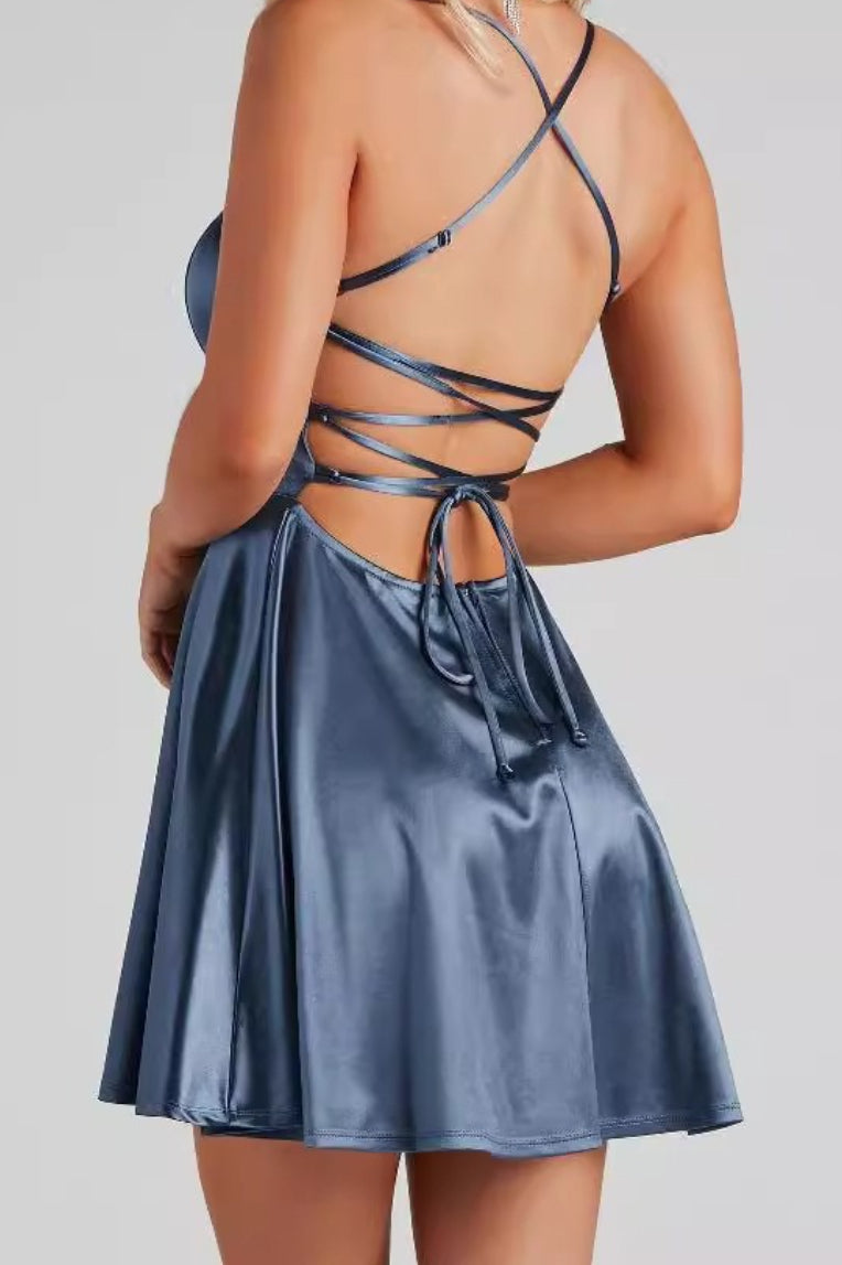 Satin Square Neck Lace Up Cocktail Dress