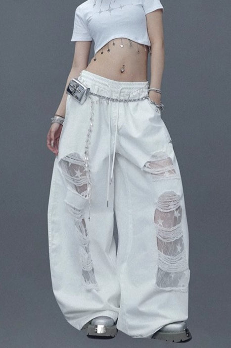 Ripped Lace Patchwork Relaxed Jeans Main image