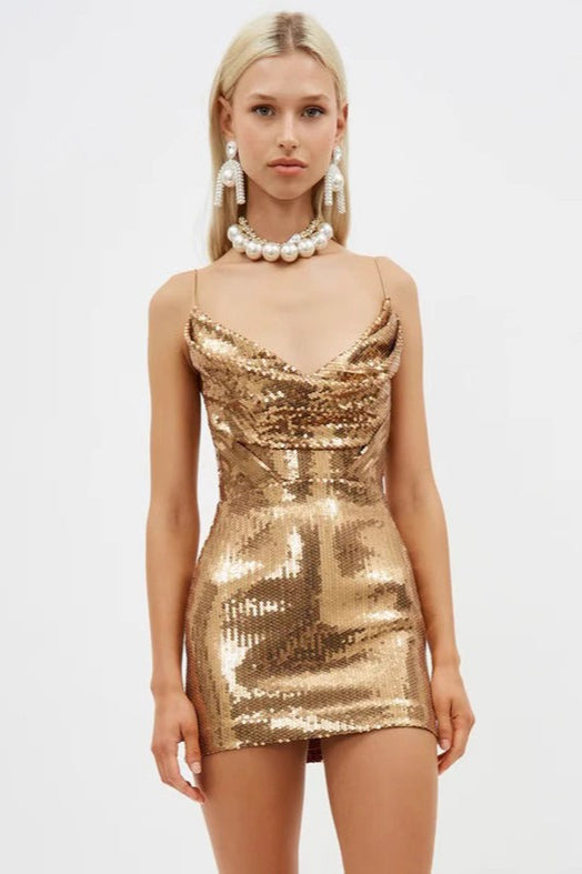Gold V Neck Spaghetti Strap Mini Dress Secondary image
