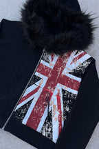 Faux Fur Union Jack Fleece Lined Hoodie