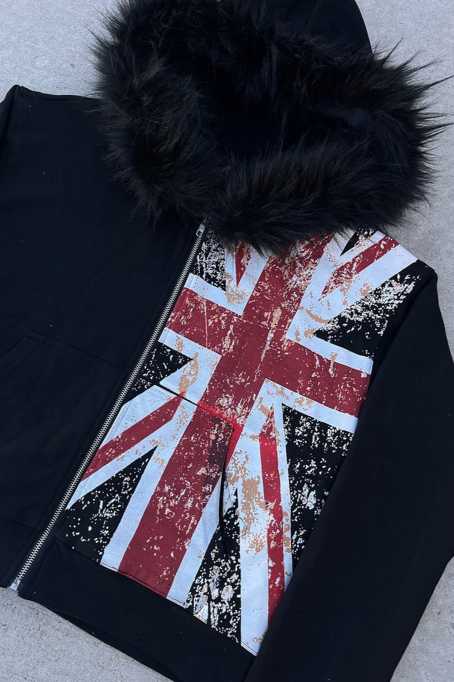 Faux Fur Union Jack Fleece Lined Hoodie