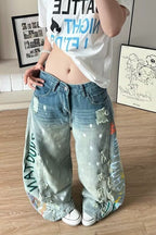 Graffiti Print Distressed Wide Leg Jeans