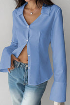 Slim Fit Flare Sleeve V Neck Blouse