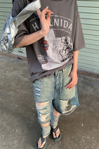 Distressed Frayed Hem Mid Length Denim Shorts