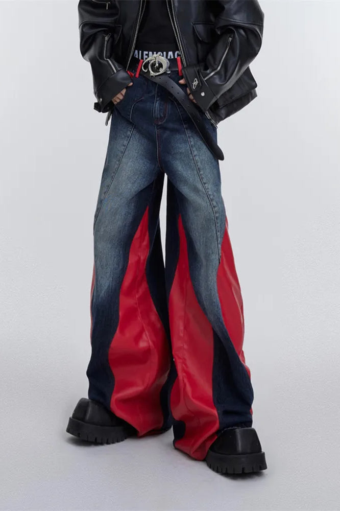 Wide Leg PU Leather Patchwork Jeans Secondary image