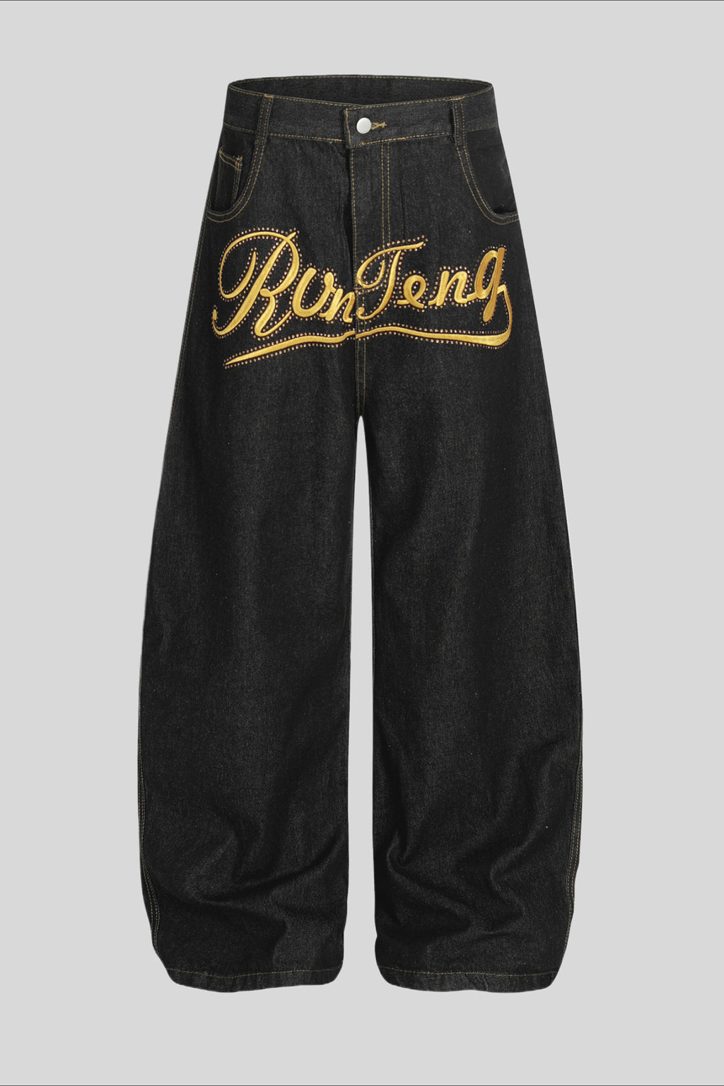 Gold Script Embroidered Barrel Leg Jeans