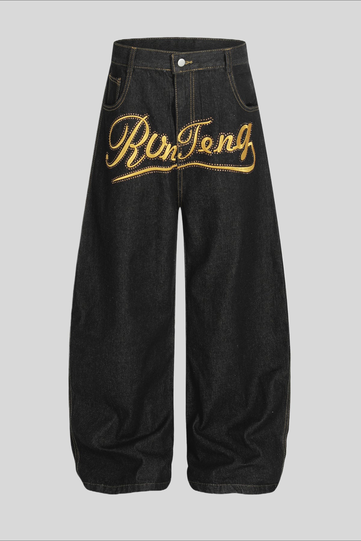 Gold Script Embroidered Barrel Leg Jeans