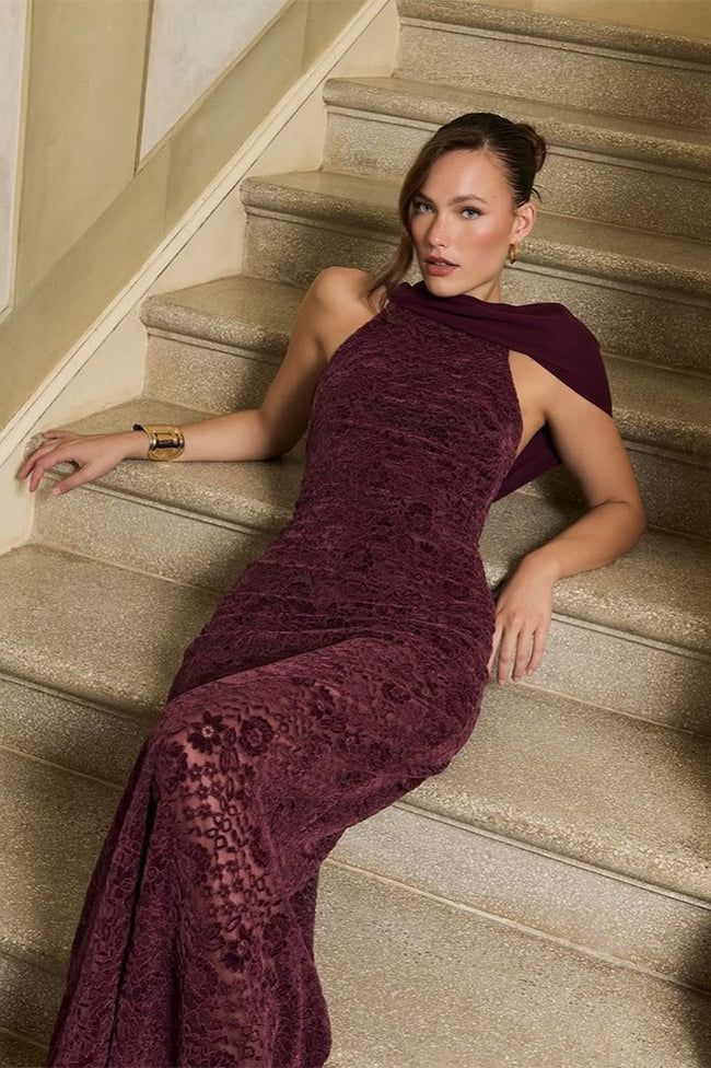 Elegant Scarf Neck Backless Lace Patchwork Bodycon Prom Dress Main image