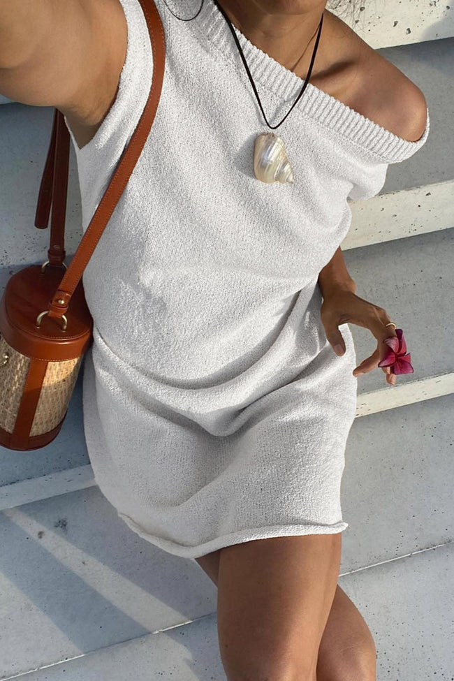 Ivory Knitted One Shoulder Loose Fit Mini Dress Main image