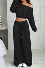 Casual Ribbed Off Shoulder Crop Sweatshirt Pants Set