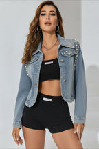 Pearl Embellished Cropped Denim Jacket