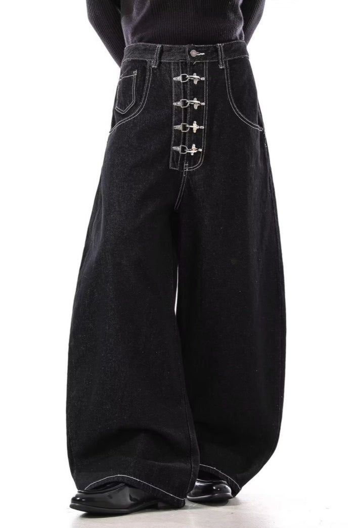 Deep Wash Draped Wide Leg Denim Jeans