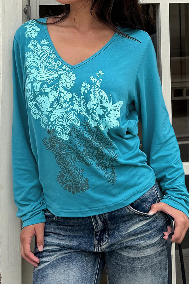 Floral Butterfly V Neck Long Sleeve Tee Main image
