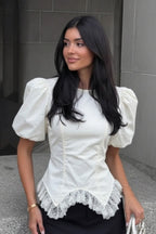 White Lace Trim Ruched Waist Puff Sleeve Blouse
