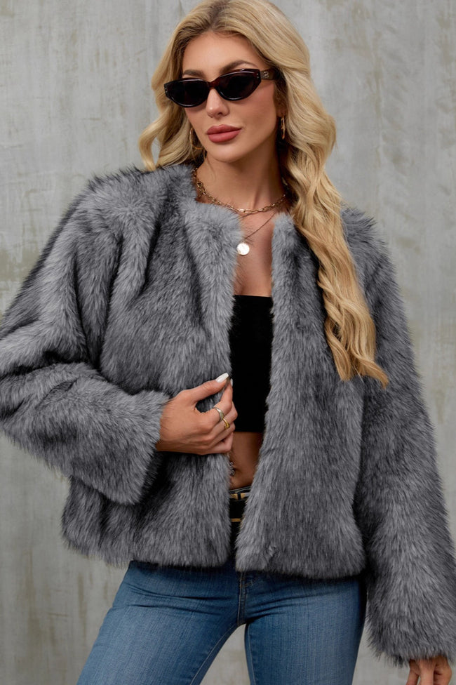 Plush Short Fur Open Cardigan Coat Grey / S coats Main image