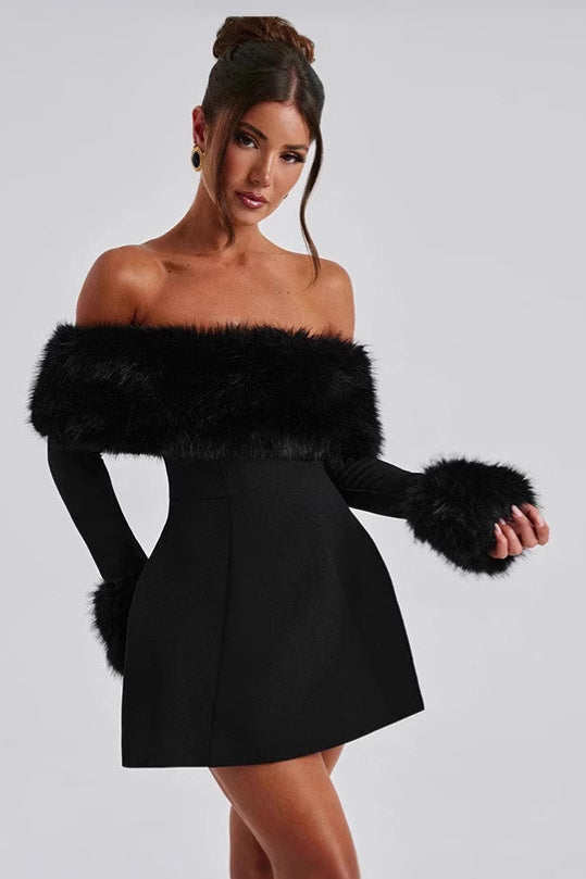 Faux Fur Collar Off Shoulder Bodycon Dress Main image