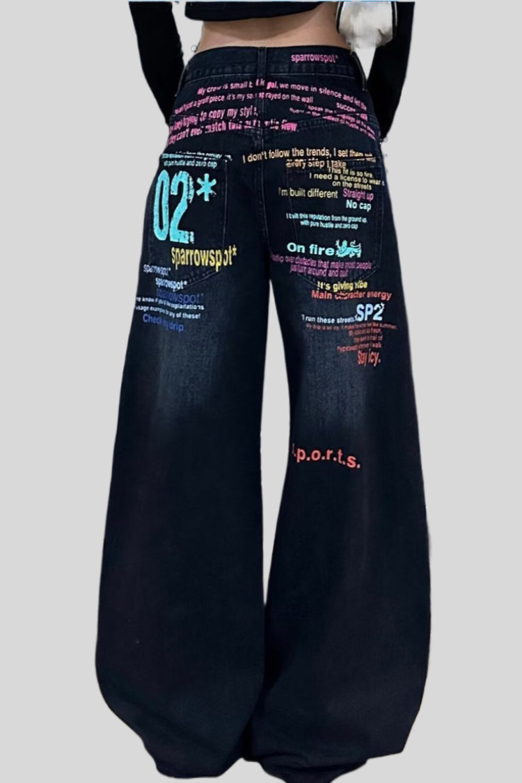 Colorful Slogan Printed Wide Leg Denim Jeans