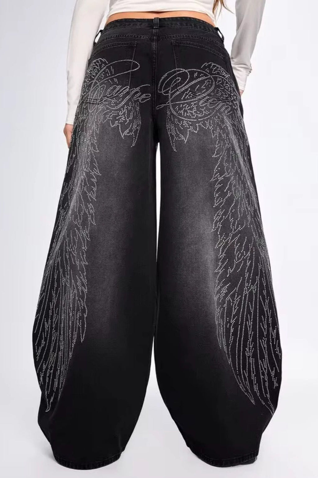 Wing Graphic Rhinestone Wide Leg Jeans