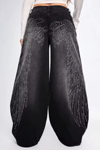Wing Graphic Rhinestone Wide Leg Jeans