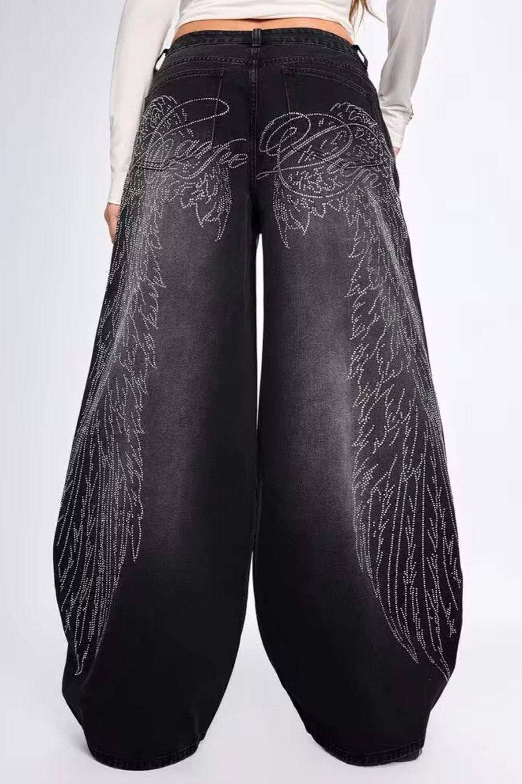 Wing Graphic Rhinestone Wide Leg Jeans