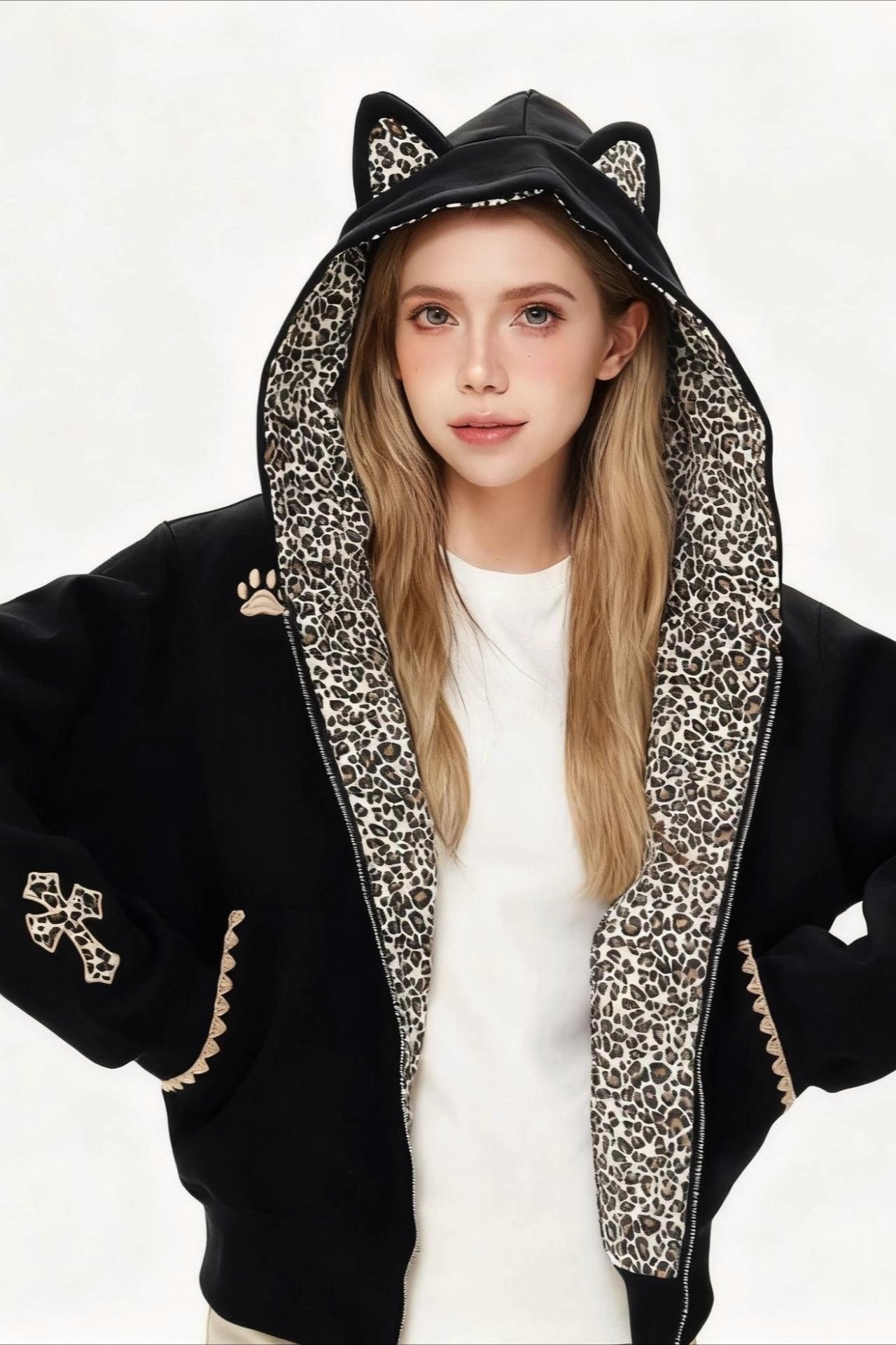 Cat Ear Leopard Lined Zip Up Hoodie Main image