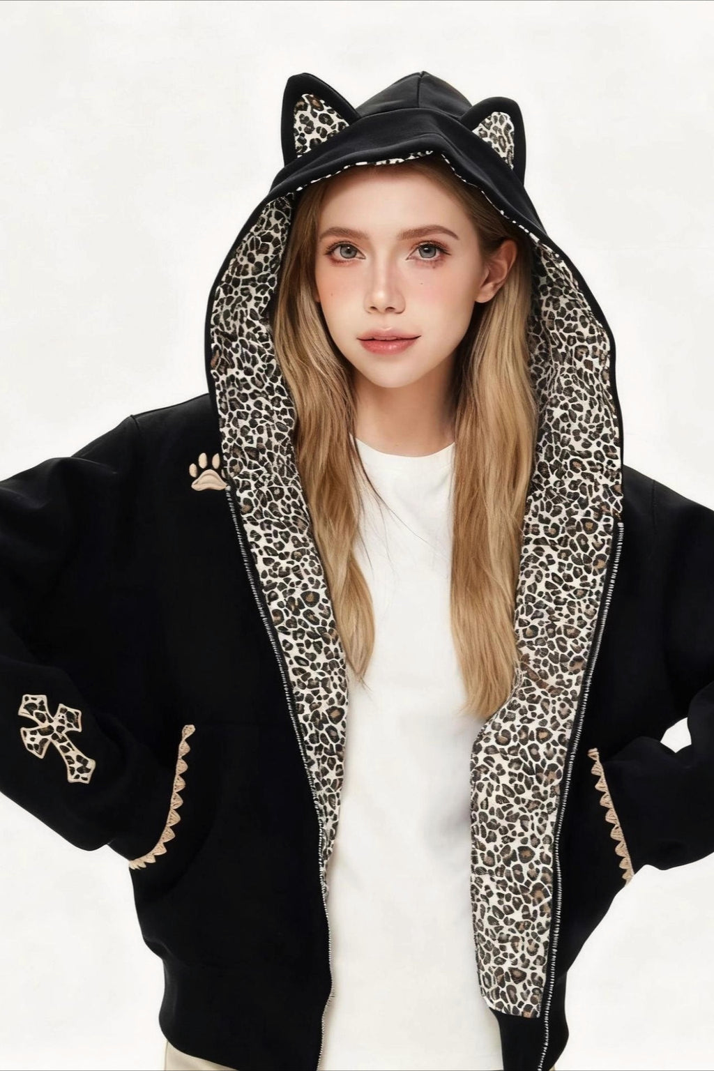 Cat Ear Leopard Lined Zip Up Hoodie