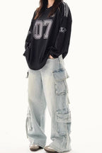 V Neck Graphic Print Oversized Raglan Long Sleeve Tee