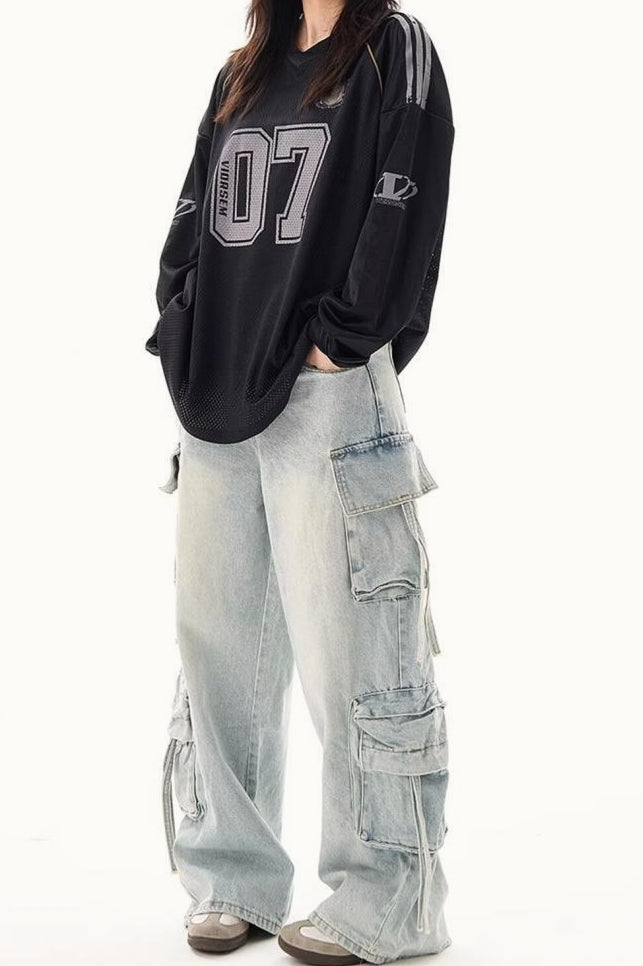 V Neck Graphic Print Oversized Raglan Long Sleeve Tee