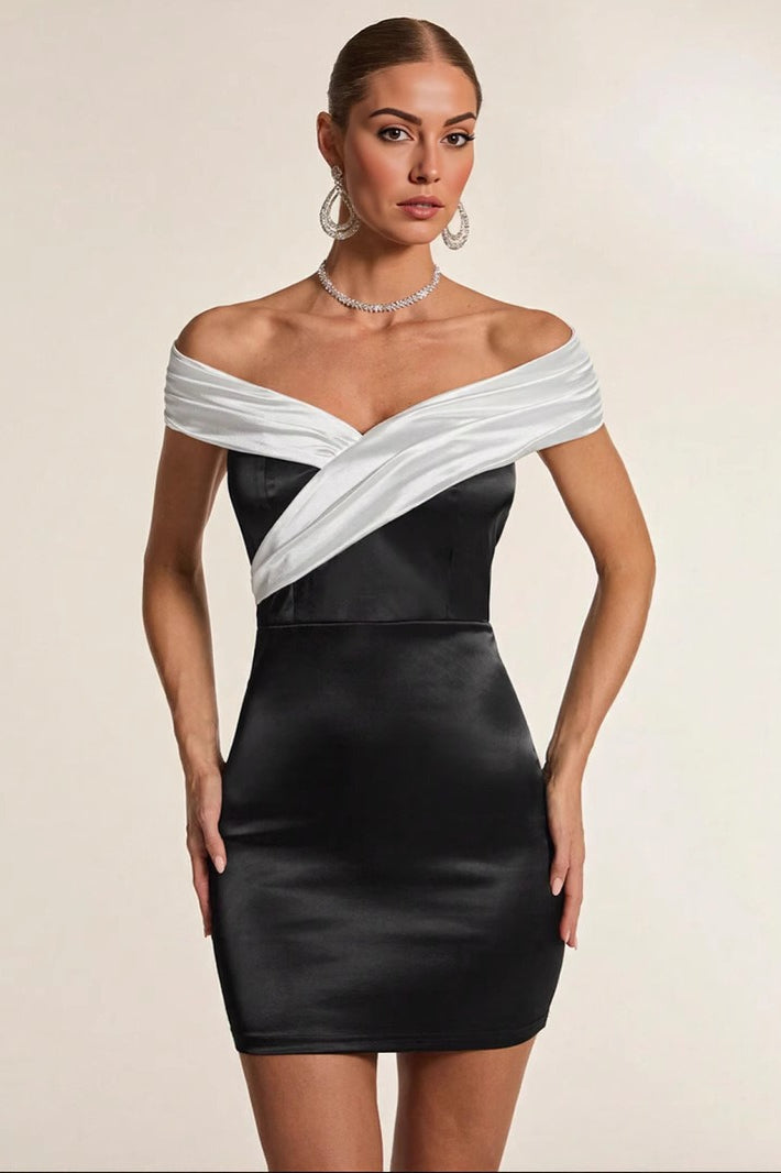 Black White Off Shoulder Party Dress S / Black Main image