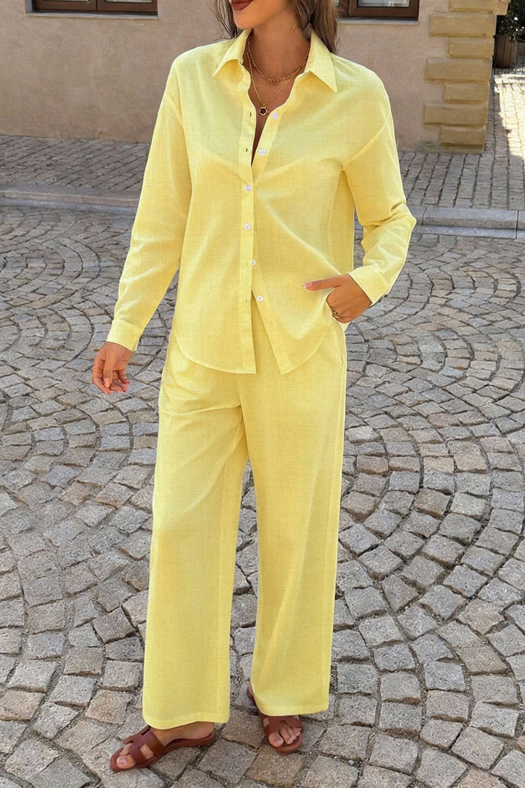 Casual Solid Long Sleeve Shirt Pants Set