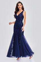V Neck Sheer Embroidered Sequin Sexy Prom Dress