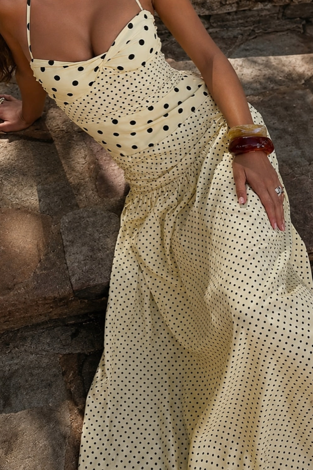 Retro Polka Dot Patchwork Halter Ruched Maxi Dress Secondary image