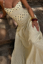 Retro Polka Dot Patchwork Halter Ruched Maxi Dress