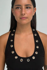 Metal Ring Cut Out Halter Sexy Fitted Tank Top