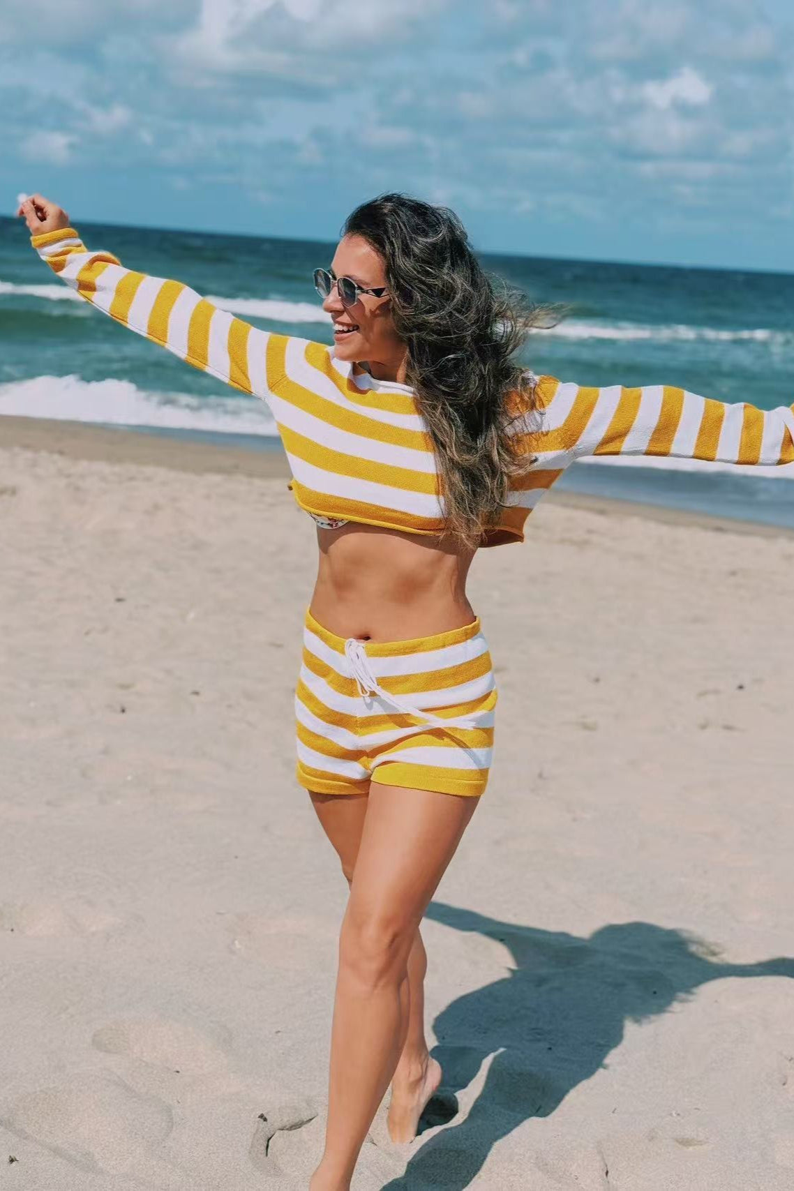 Casual Striped Asymmetric Knit Shorts Set
