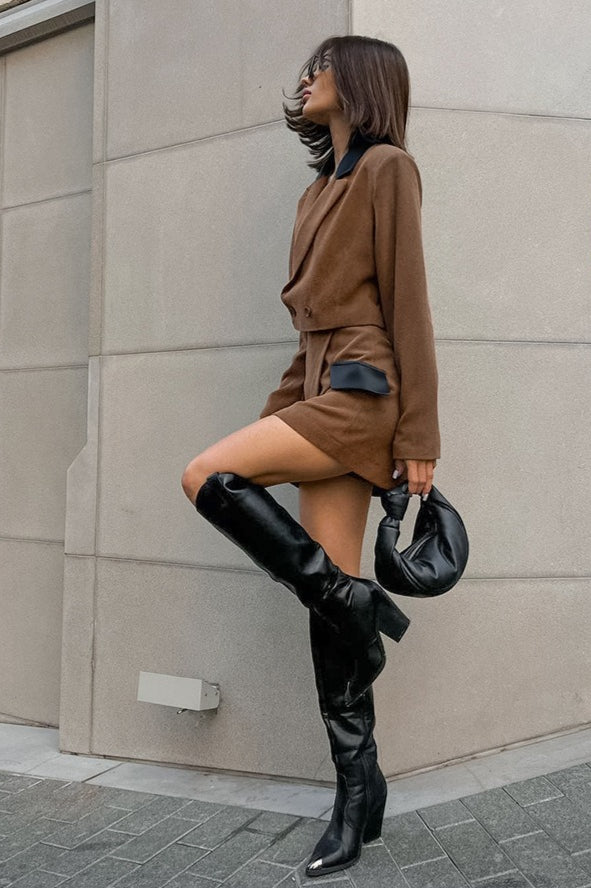 Brown Tweed Two Piece Blazer Skirt Set